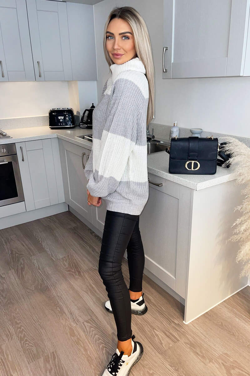 Silver And Cream Block Colour Knitted Jumper