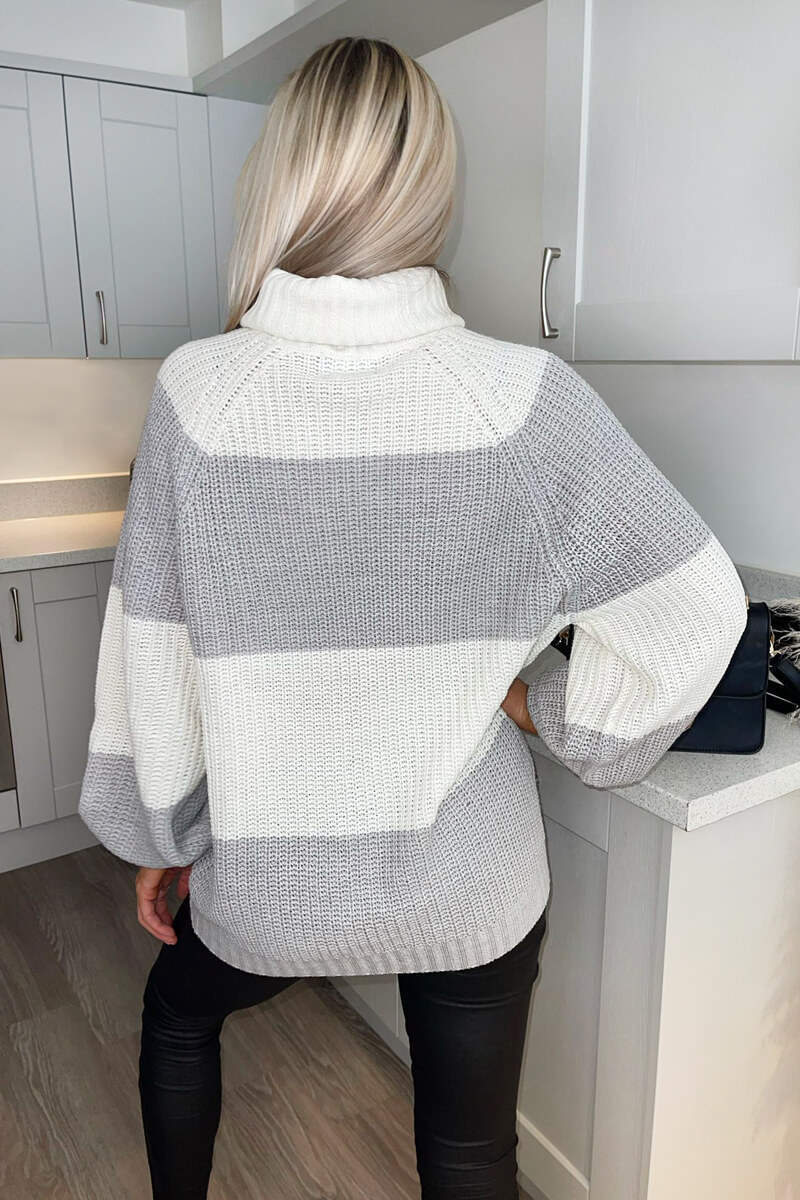 Silver And Cream Block Colour Knitted Jumper