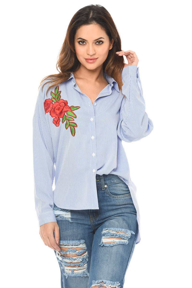 Stripey Rose Embroidered Shirt