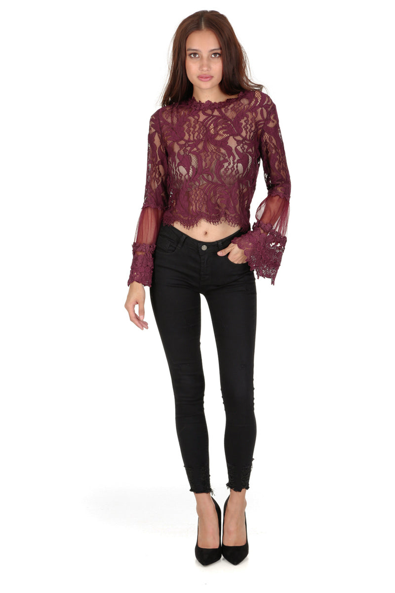 Plum Sheer Lace Long Sleeve Top