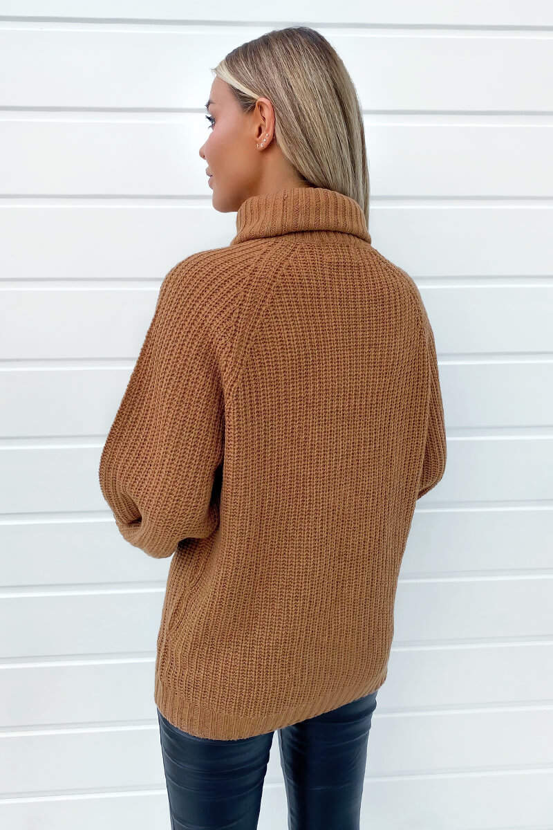 Tan Roll Neck Balloon Sleeve Knitted Jumper