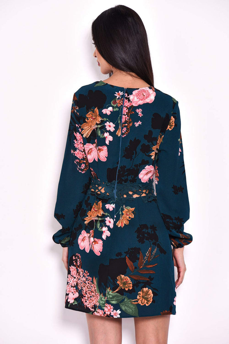 Teal Floral Crochet Waist Dress