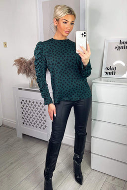 Teal Heart Printed Long Gathered Sleeve Top