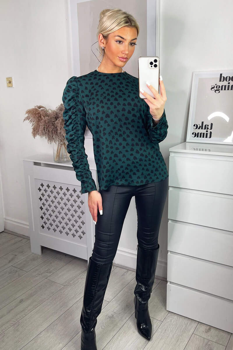 Teal Heart Printed Long Gathered Sleeve Top