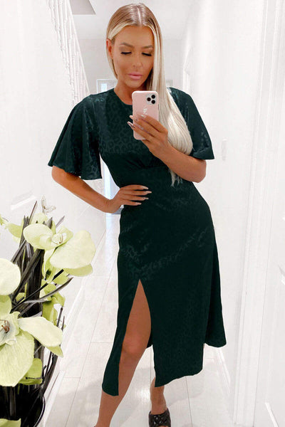Cocktail Dress Green Midi Satin Dress Teal Leopard Print Satin Midi Dress   AX Paris