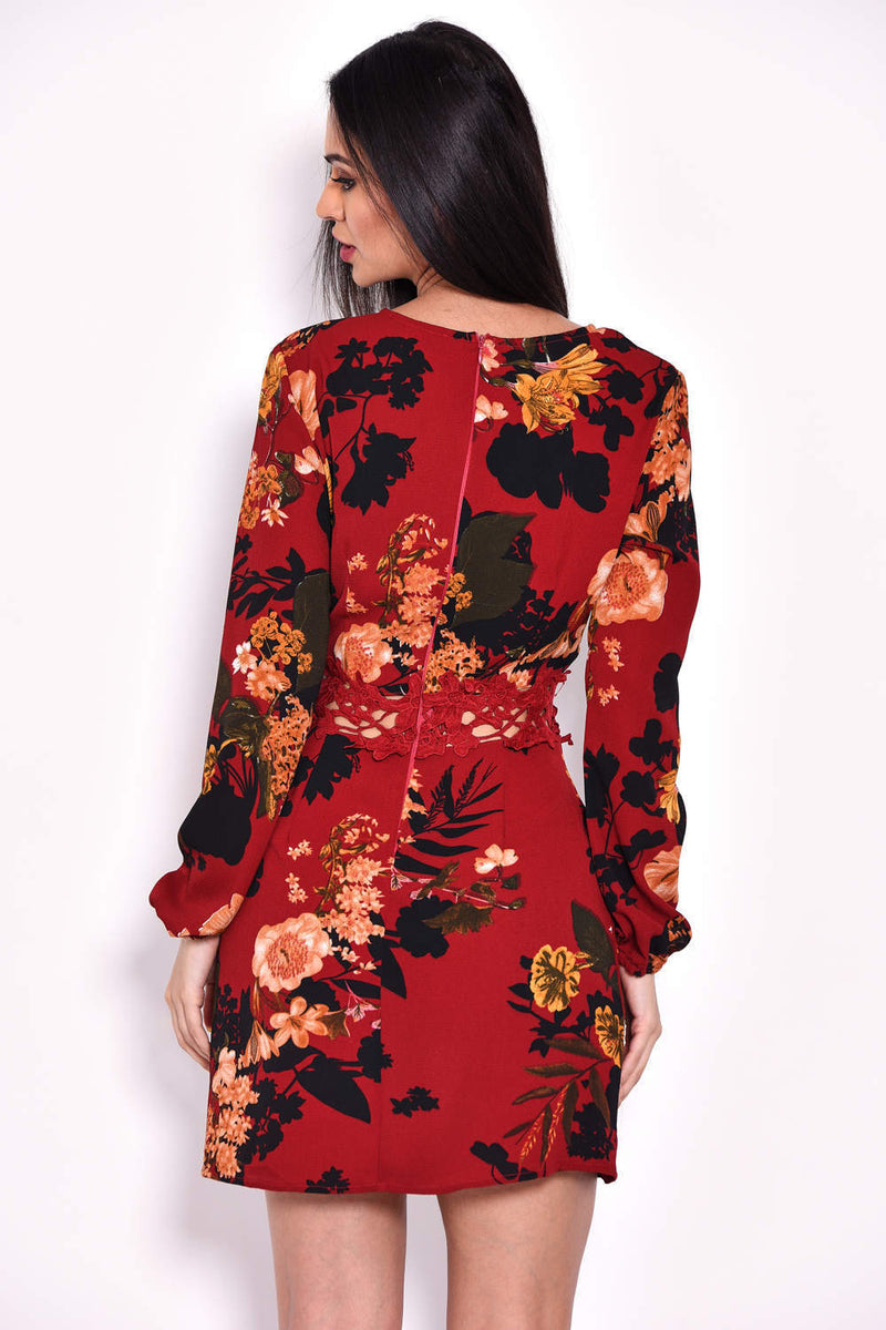Wine Floral Crochet Waist Dress