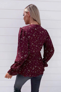 Wine Floral Frill Wrap Top