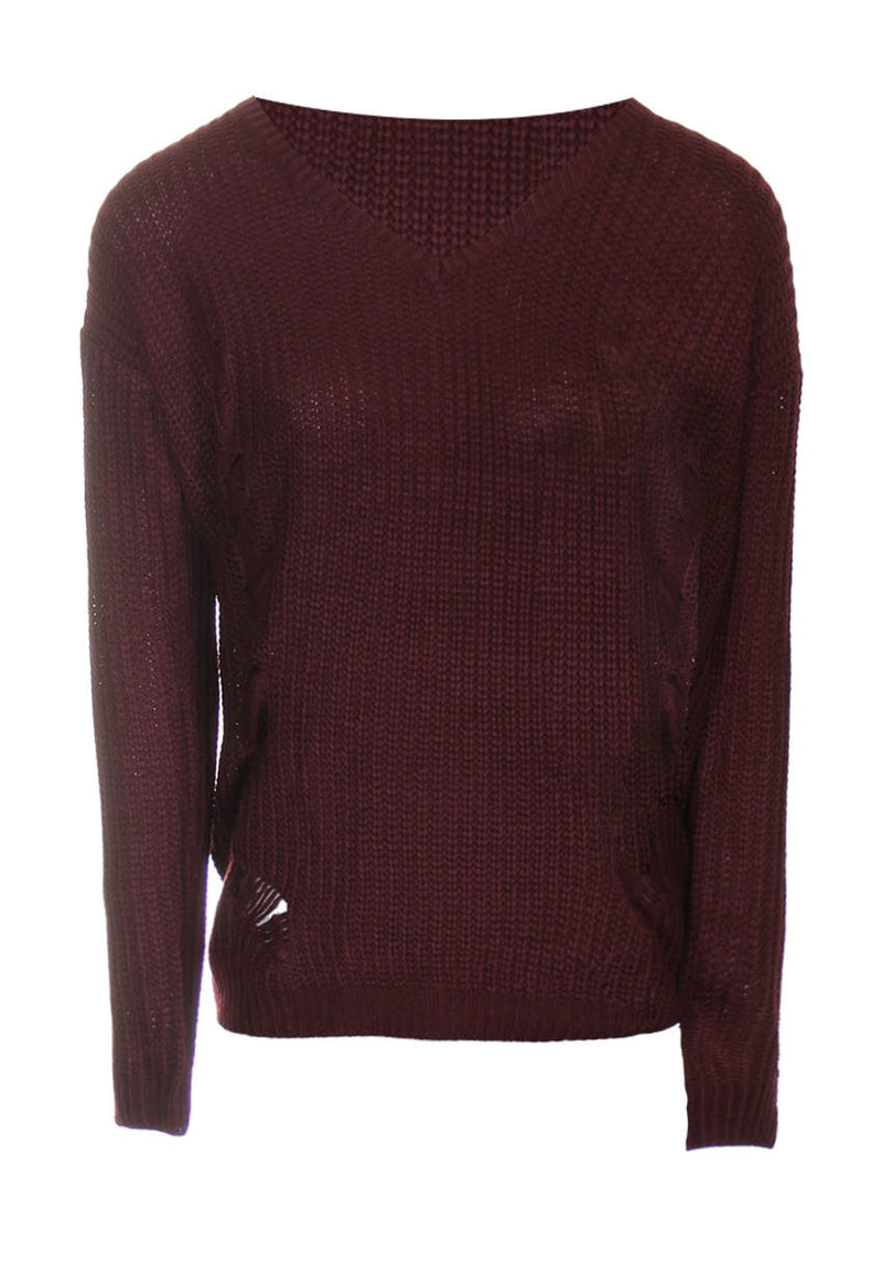 Wine V Neck Cable Knit Laddered Jumper
