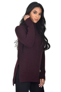 Wine High Neck Side Split Jumper