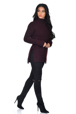 Wine High Neck Side Split Jumper