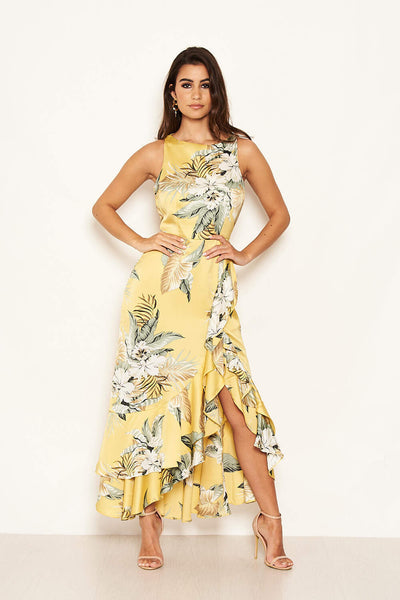 Yellow Frilled Floral Midi Dress with Side Slip – AX Paris