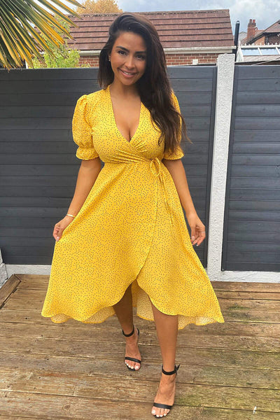 Yellow Polka Dot Wrap Midi Dress – AX Paris