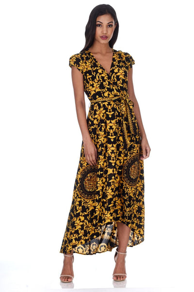 Black And Gold Patterned Wrap Over V Neck Dress AX Paris