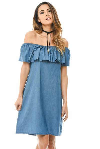 lucky chouette denim off shoulder dress Lucky Chouette Blue Denim Off-the-Shoulder Mini Dress Size 36 FR