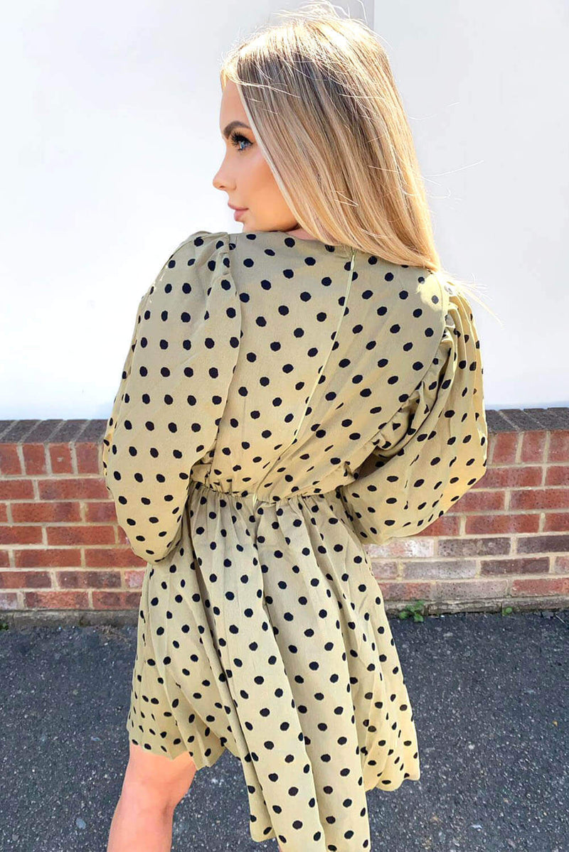 Khaki Polka Dot V Neck Dress