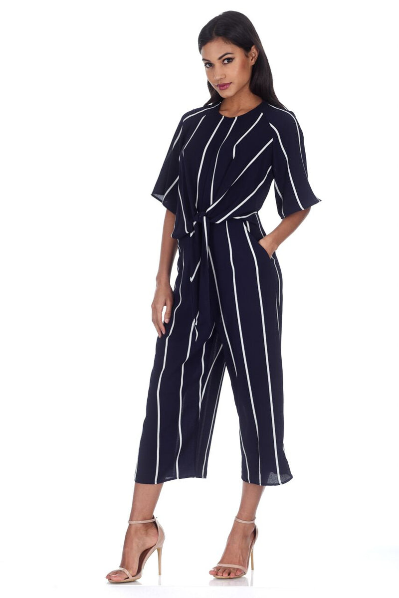 Navy Tie Front Striped Jumpsuit