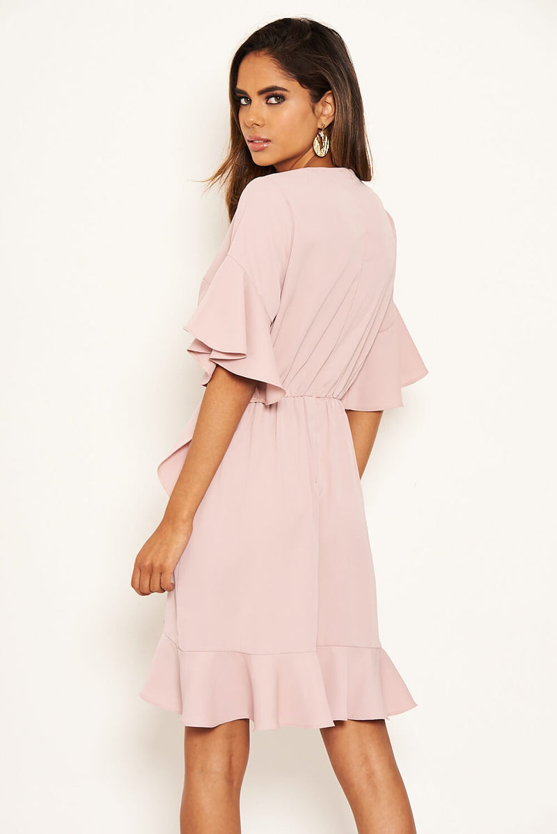 Nude Frill Sleeve Wrap Mini Dress