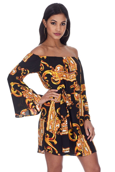 Black And Gold Patterned Off The Shoulder Shift Dress – AX Paris