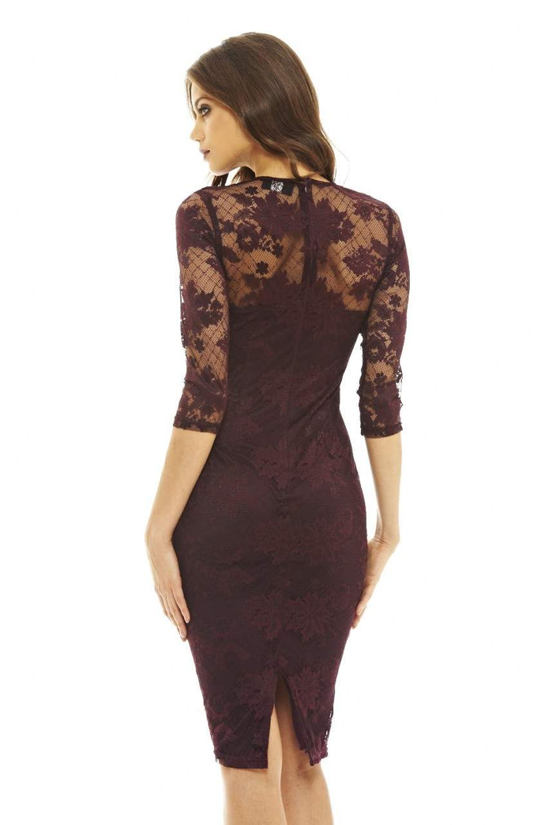 Plum Bodycon Midi Dress with Lace Sleeves