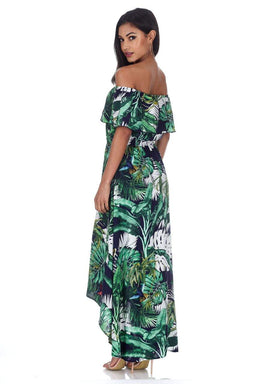 Navy Leaf Printed Bardot Frill Dress