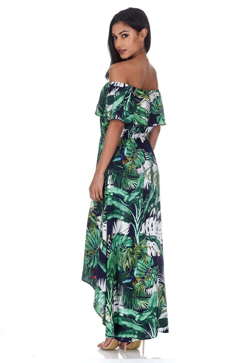 Navy Leaf Printed Bardot Frill Dress