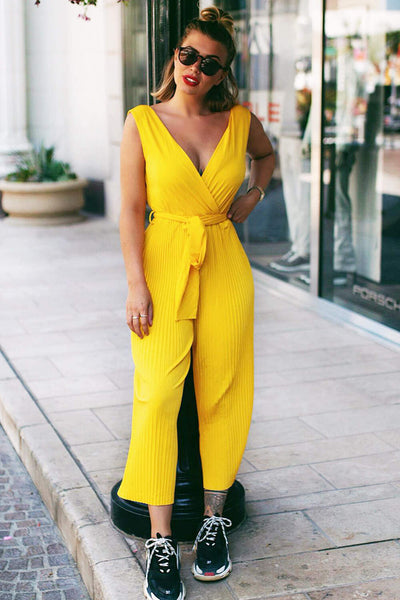 Yellow pleated jumpsuit on sale