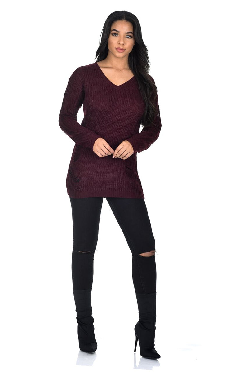 Wine V Neck Cable Knit Laddered Jumper