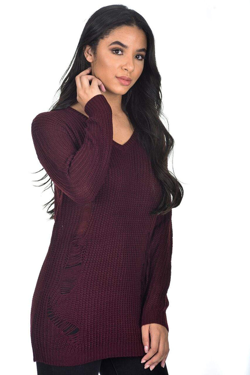 Wine V Neck Cable Knit Laddered Jumper