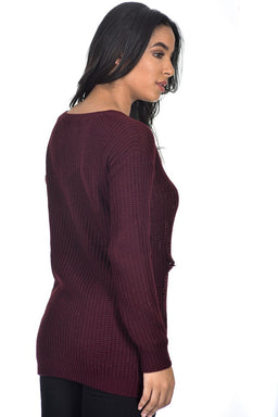 Wine V Neck Cable Knit Laddered Jumper