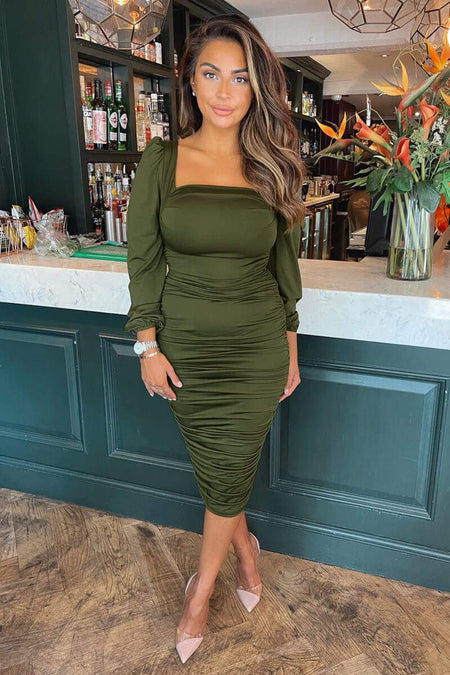 Olive Square Neck Ruched Midi Dress