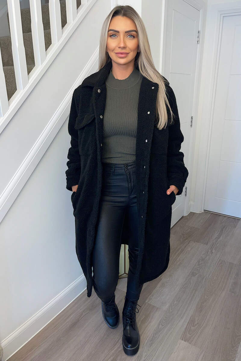 Black Oversized Teddy Faux Fur Front Pocket Coat