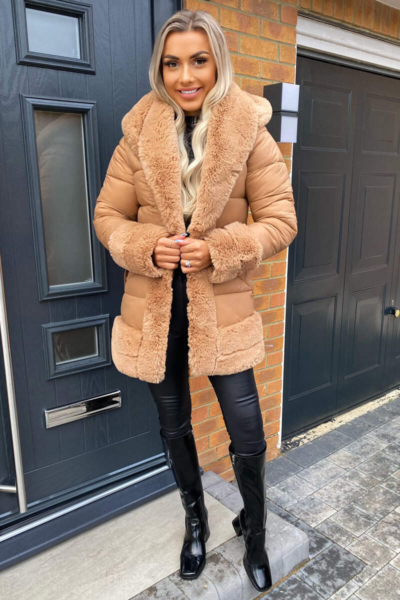 Faux fur trim jacket sales