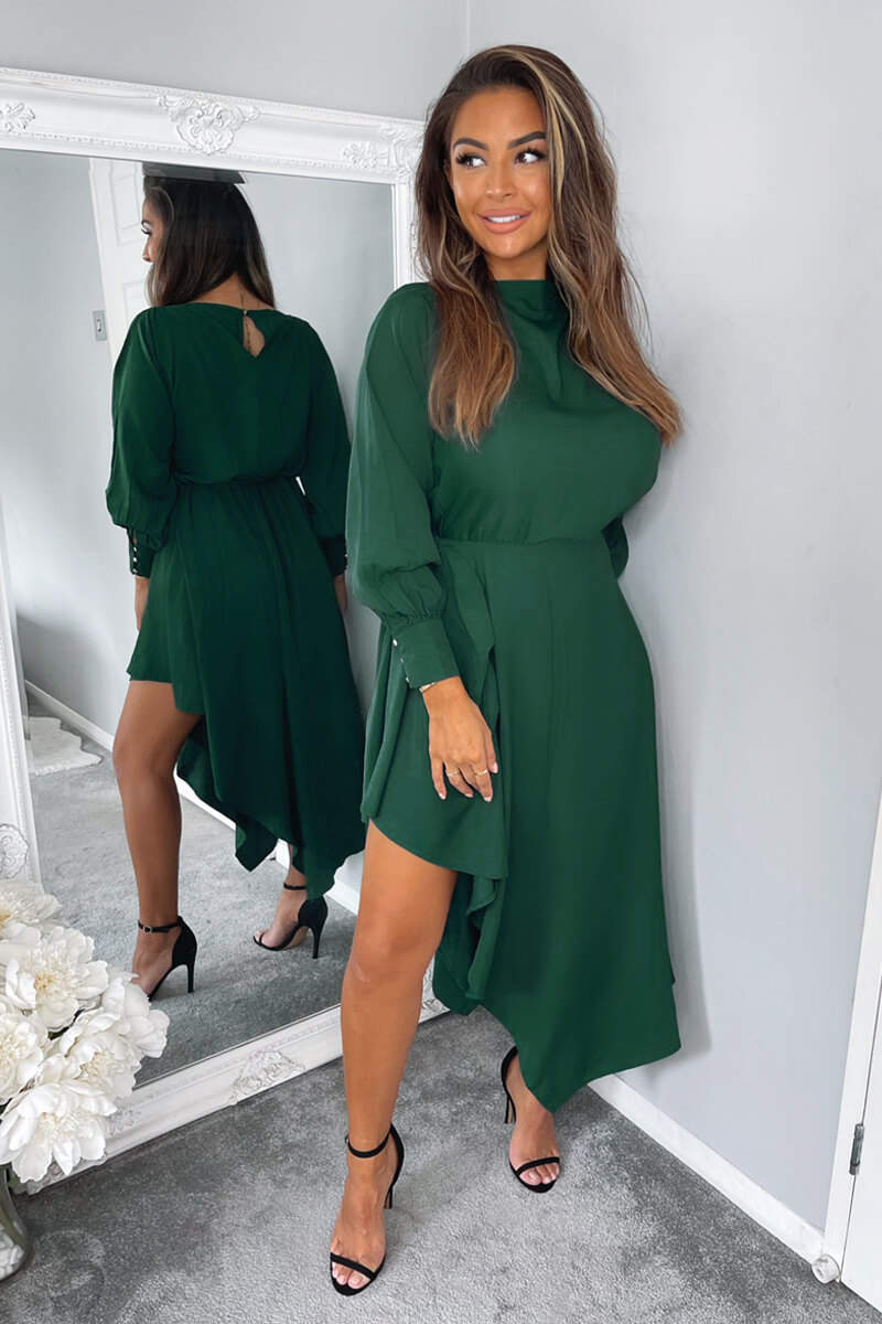 Avec Les Filles Women's High Low Hem Dress - Solid A-Line Dress With Princess Seams & Crew Neck