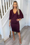 Plum Ruched Cape Sleeve Midi Dress