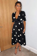 Black And Stone Polka Dot Wrap Side Tie Midi Dress