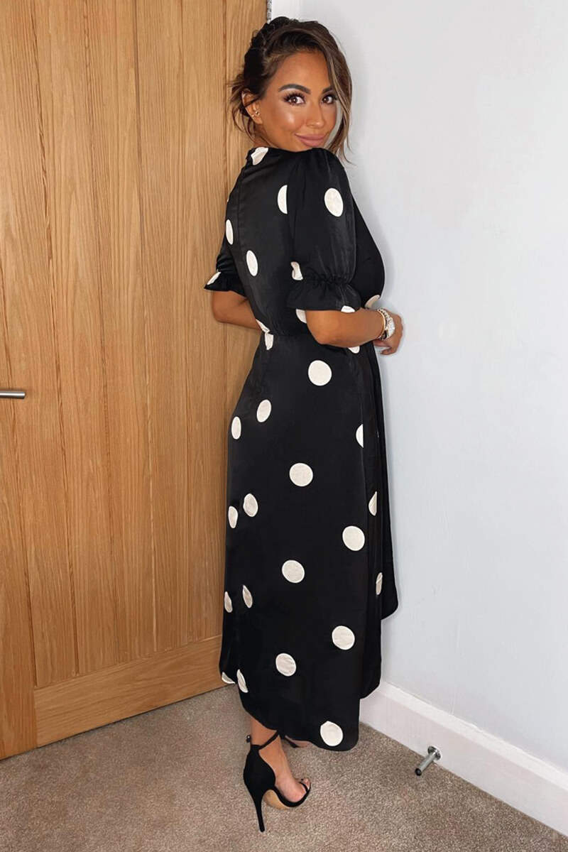 Black And Stone Polka Dot Wrap Side Tie Midi Dress