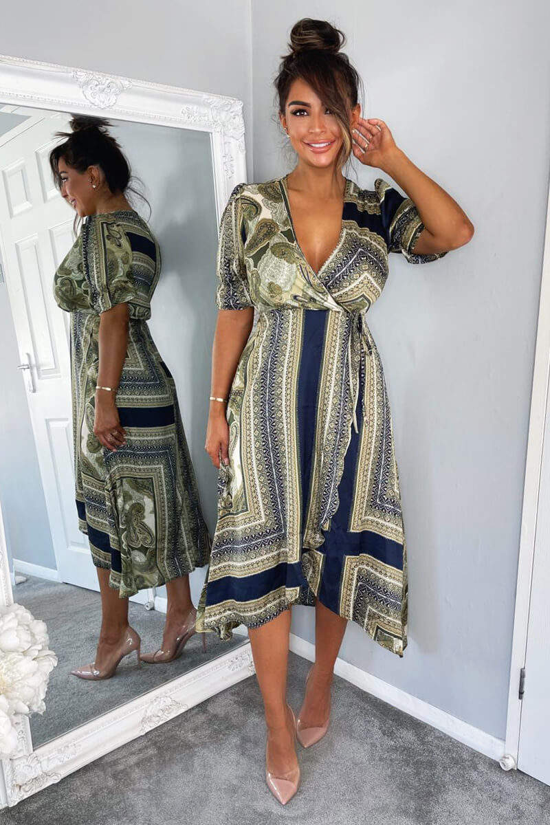 scarf wrap dress Khaki Scarf Print Wrap Midi Dress – AX Paris