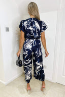Navy Marble Print Wrap Over Frill Sleeve Jumpsuit