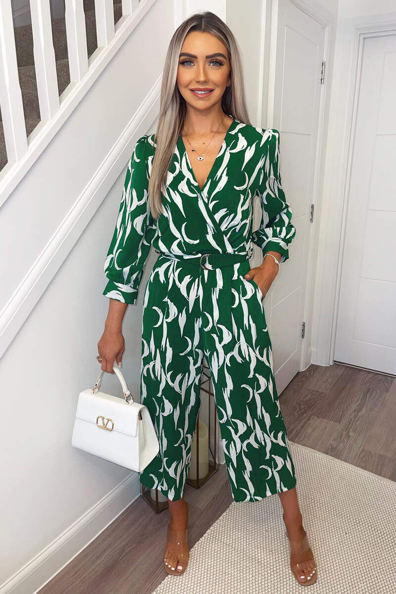 Green And White Printed Belted Jumpsuit