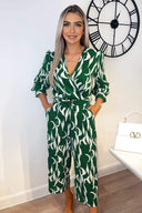 Green And White Printed Belted Jumpsuit
