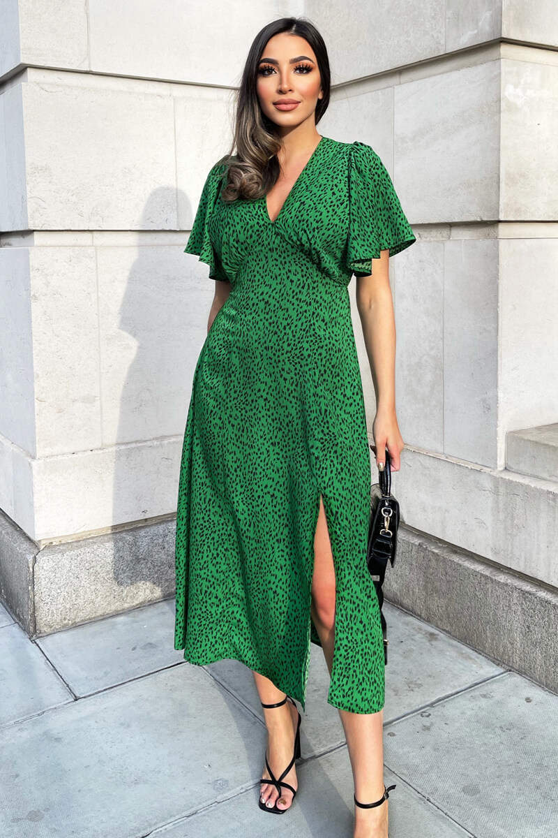 Short Sleeve Midi Dresses Uk Green Printed V-Neck Short Sleeve