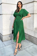 Green Printed V-Neck Short Sleeve Midi Dress