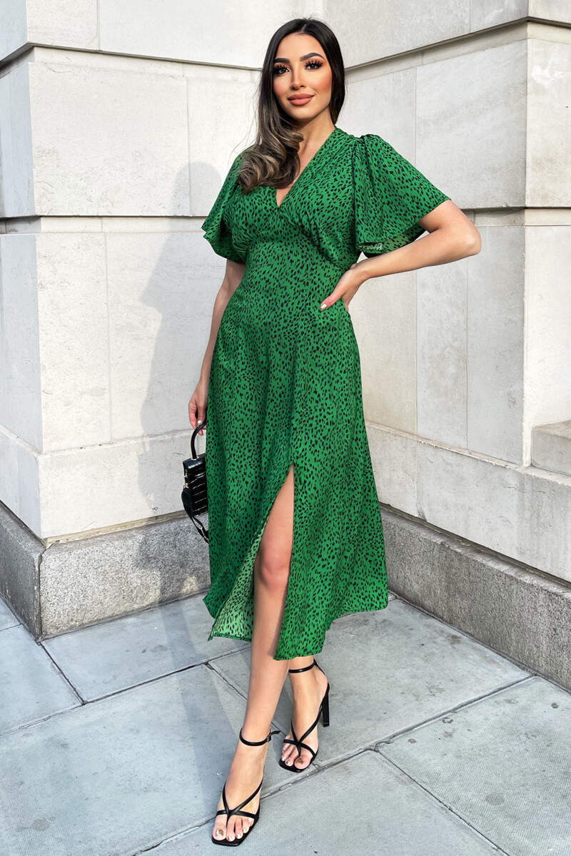 Green Printed V-Neck Short Sleeve Midi Dress