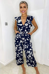 Navy And White Floral Wrap Front Belted Jumpsuit