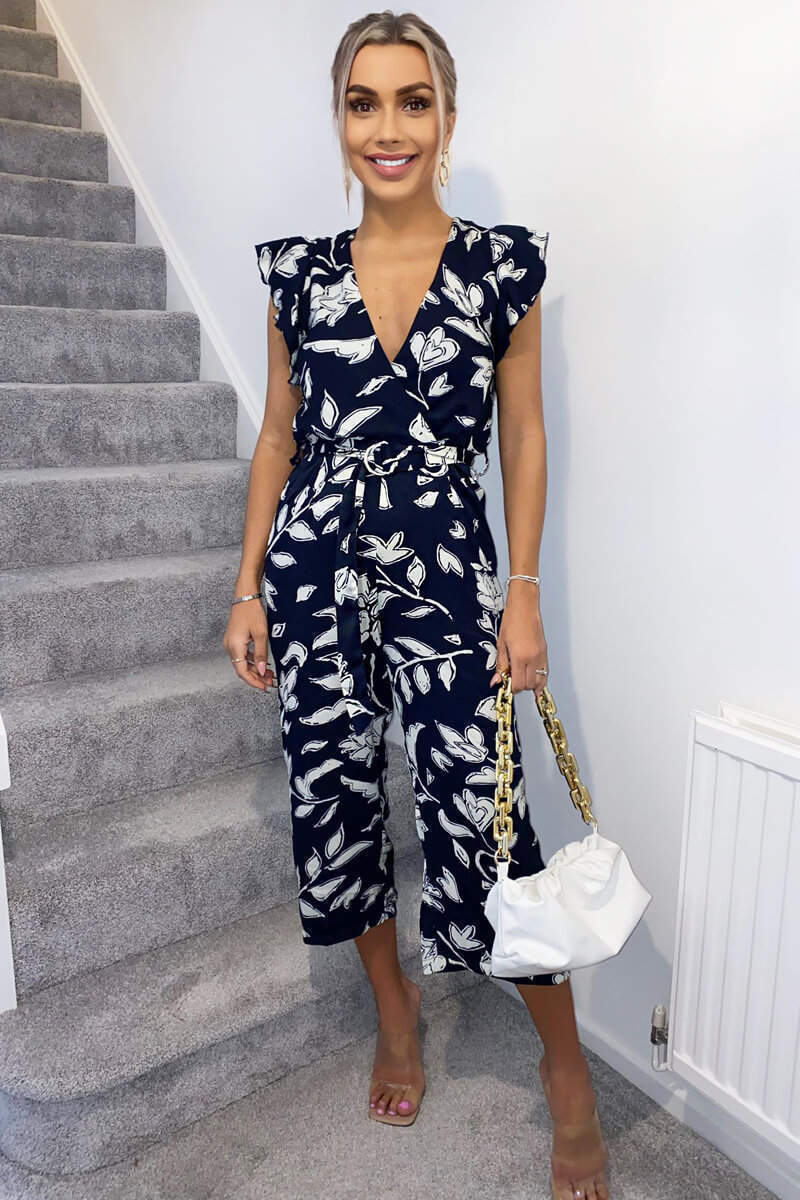 Navy And White Floral Wrap Front Belted Jumpsuit