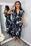 Navy Marble Print Short Sleeve Ruffle Midi Dress