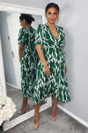 Green And White Printed Wrap Side Tie Midi Dress
