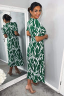 Green And White Printed Wrap Side Tie Midi Dress