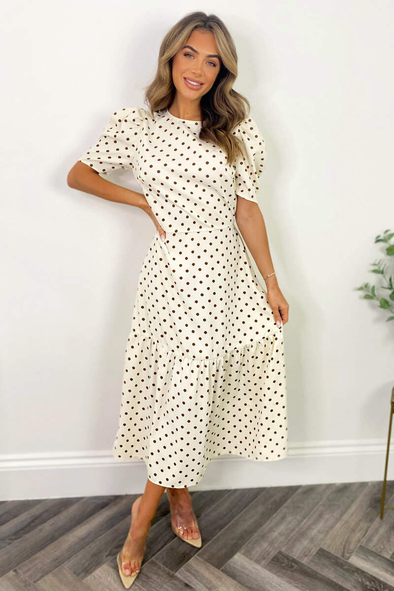 Cream And Brown Polka Dot Midi Smock Dress AX Paris Cream And Brown Polka Dot Midi Smock Dress AX Paris