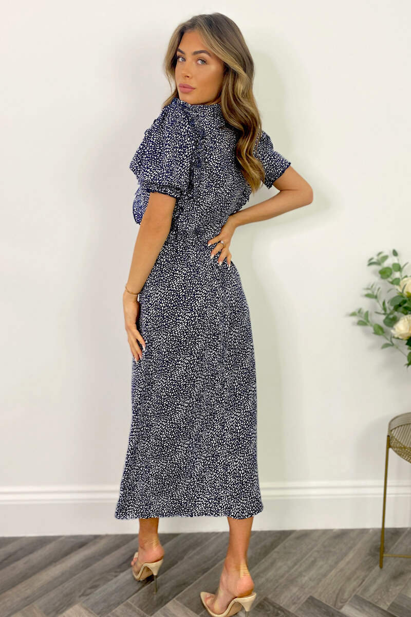 Navy And White Printed Ruffle Front Midi Dress